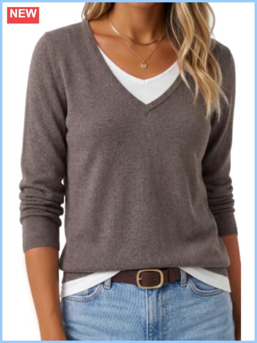 Women's Wool Blend 2-in-1 Patchwork V-Neck Long Sleeve Sweater